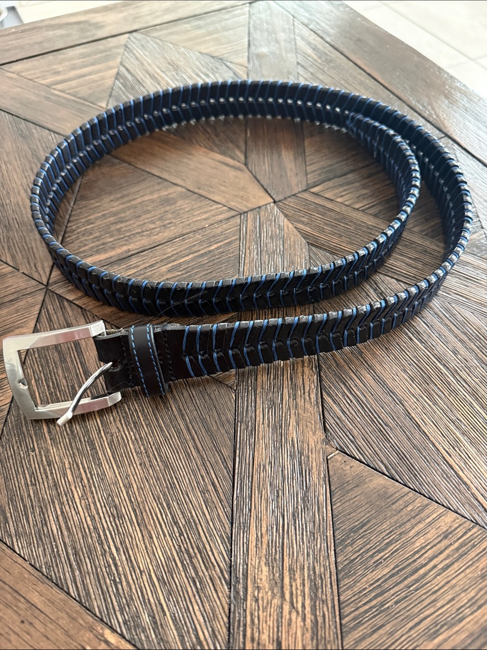 Martin Dingman Livingston Hand Laced Belt Black Leather Blue Woven Lace Size 40